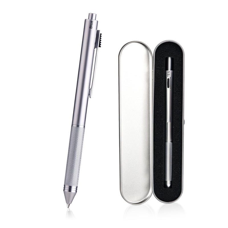 smttw 4 in1 Multi-Function Refillable & Retractable Ballpoint Pen + 0.5mm Mechanical Pencil, Fine Point, Silver Metal Barrel, Black/Red/Blue Inks, Multicolor Pen With Metal Gift Box - Image 1